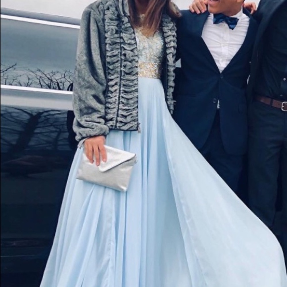 Blue Formal Dress with Gold Beaded Top